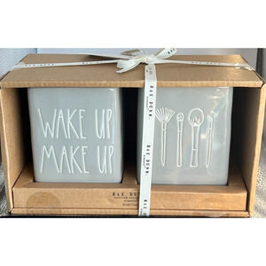 New Rae Dunn WAKE UP MAKE UP Gray Brush Holder Organizer Cups 2 PC Gift Set